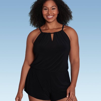 Women's Upf 50 High Neck Swim Romper With Pockets One Piece Swimsuit - Aqua  Green® Black L : Target