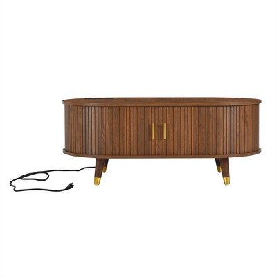 CLIHOME Wooden Oval Fluted Coffee Table, Farmhouse Cocktail Table with Storage and Solid Wood Legs