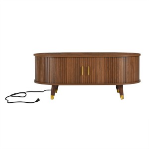 CLIHOME Wooden Oval Fluted Coffee Table, Farmhouse Cocktail Table with Storage and Solid Wood Legs - 1 of 4