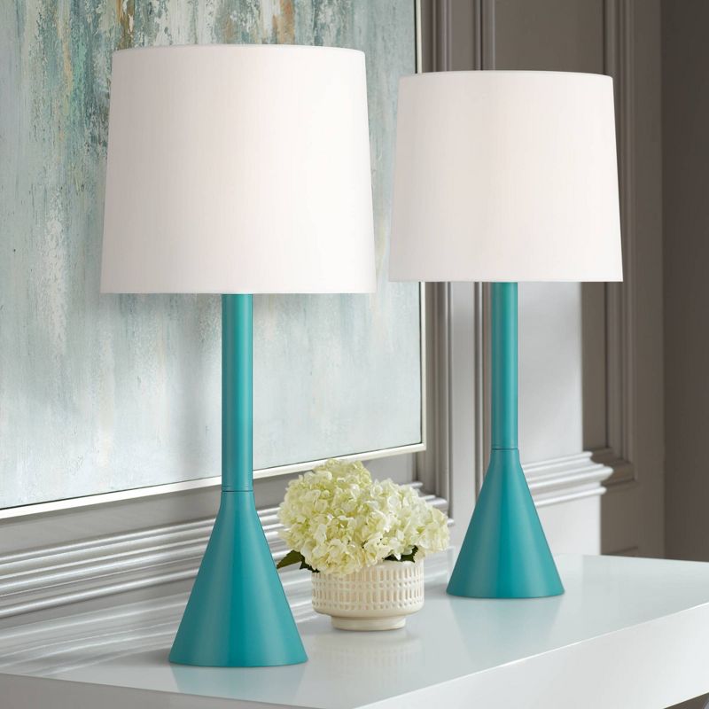 360 Lighting Mid Century Modern Table Lamps 24" High Set of 2 Aqua Metal White Drum Shade Living Room Bedroom House Bedside Nightstand Home, 2 of 8