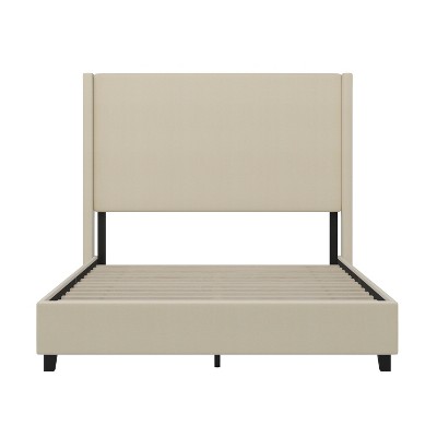 Beige Linen Upholstered Queen Platform Bed with Wingback Headboard