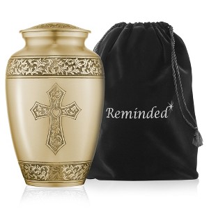 Reminded Adult Cremation Memorial Urn for Human Ashes, Etched Cross Brass Funeral Urn with Velvet Bag - 1 of 4
