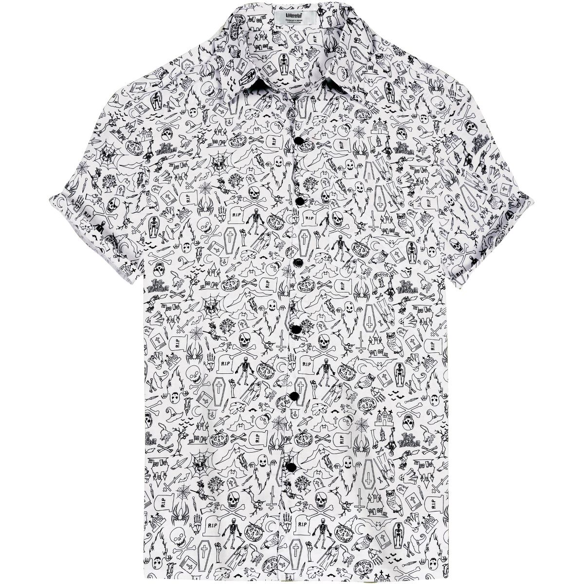 LA LEELA Men's Halloween Costumes Hawaiian Shirts Short Sleeve Button Down Shirt Mens Party Shirts Tropical Shirts for Men XXL White Allover Skulls
