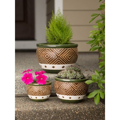 Jade and Sand Ceramic Planter Trio for Indoor/Outdoor Elegance