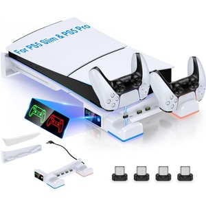 Beboncool PS5 Slim Horizontal Stand PS5 Pro Stand with Dual PS5 Controller Charger with LED White - 1 of 4