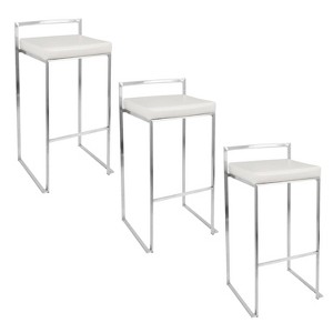 LumiSource Set of 3 Fuji Stacker Barstools Stainless Steel/White PU - 1 of 4
