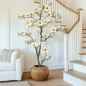 4FT Artificial Magnolia Tree with Real Touch Flowers & Leaves – Fake Plants with Moss In White Pot for Home Office Living Room Decor - 1 of 4