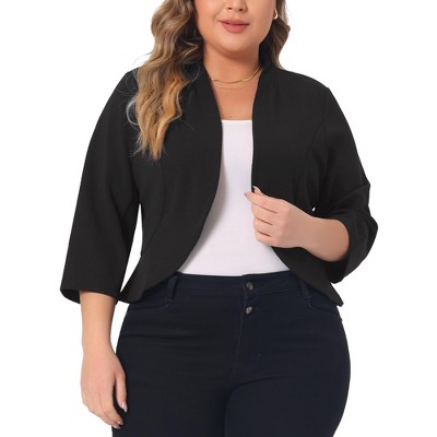 Agnes Orinda Women's Plus Size Open Front 3/4 Sleeve Ruffled Hem Work Cropped Shrug Blazer