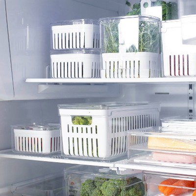 OU Fridge Organizer Bin with Drain Basket & Vented Lid, 5.3qt Clear Stackable Refrigerator Storage Bin, Produce Kitchen Storage Container, BPA Free — фото 2
