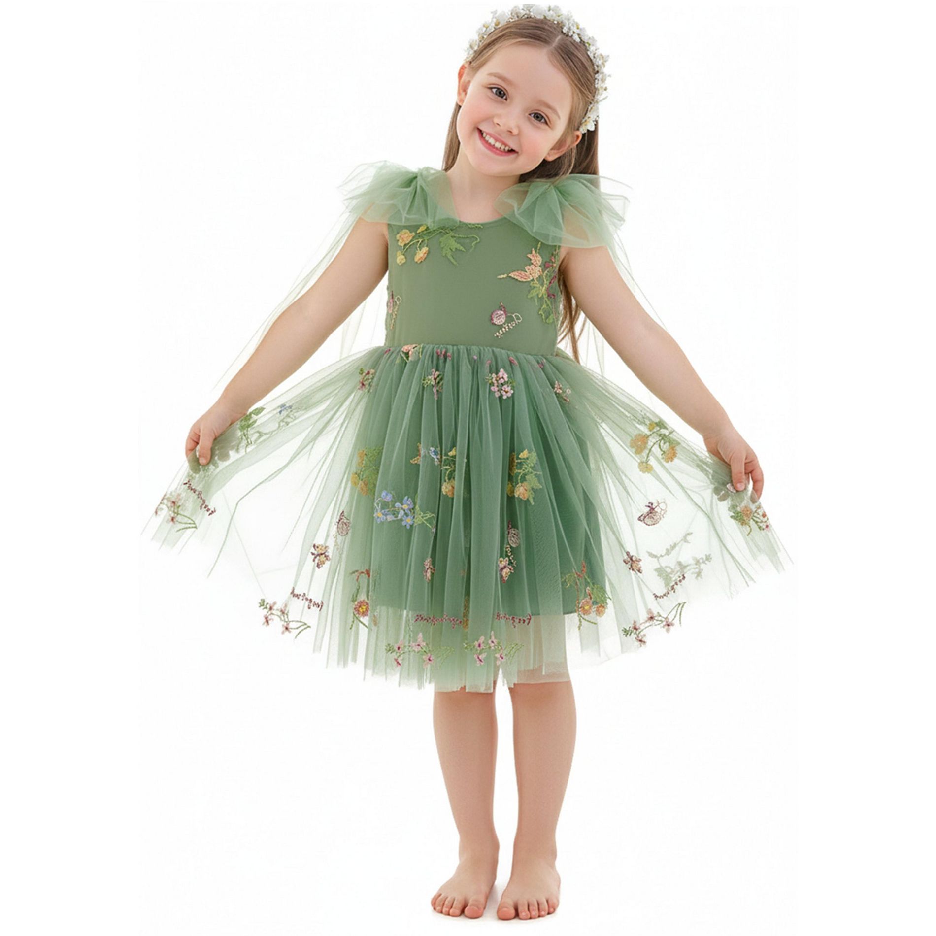 2Bunnies Girls 6M-10yr Floral Garden Embroidered Tulle Strap Flower Girl Dress Knee