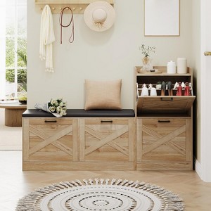 Shoe Storage Bench with 4 Flip Drawers & Padded Seat Cushion, Wooden Narrow Hidden Shoe Cabinet Organizer for Hallway, Living Room Entryway Bench - 1 of 4