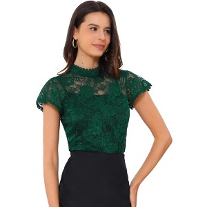 INSPIRE CHIC Women's Elegant Floral Lace Short Sleeve Keyhole Back Semi-Sheer Top - 1 of 4