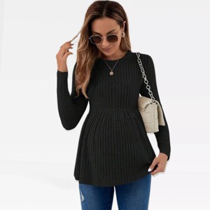 Maternity Fall Tops Peplum Wasit Rib Sweater Crew Neck Pullovers for Pregnancy Women Long Sleeve Soft Knitwear Lightweight Cozy Tops - 1 of 4