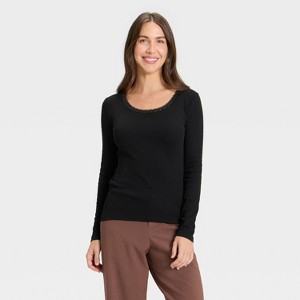 Women's Long Sleeve Lace Trim Scoop Neck Top - A New Day™ - 1 of 4