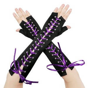 INSPIRE CHIC Women's Satin Lace Up Fingerless Elbow Length Punk Gloves 1 Pair - 1 of 4