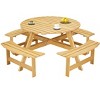 Wood Picnic Table, DIY with 3 Built-in Benches, Umbrella Hole, Outside Table and Bench Set, Outdoor Round Picnic Tables - 2 of 4