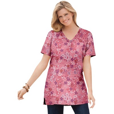 Woman Within Women's Plus Size Perfect Printed Short-Sleeve Shirred V-Neck Tunic