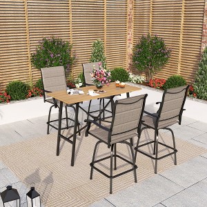 Captiva Designs 5pc Patio Slat-top Rectangle Wood-look Finished Metal Bar Table & Sling Swivel Bar Stools - 1 of 4