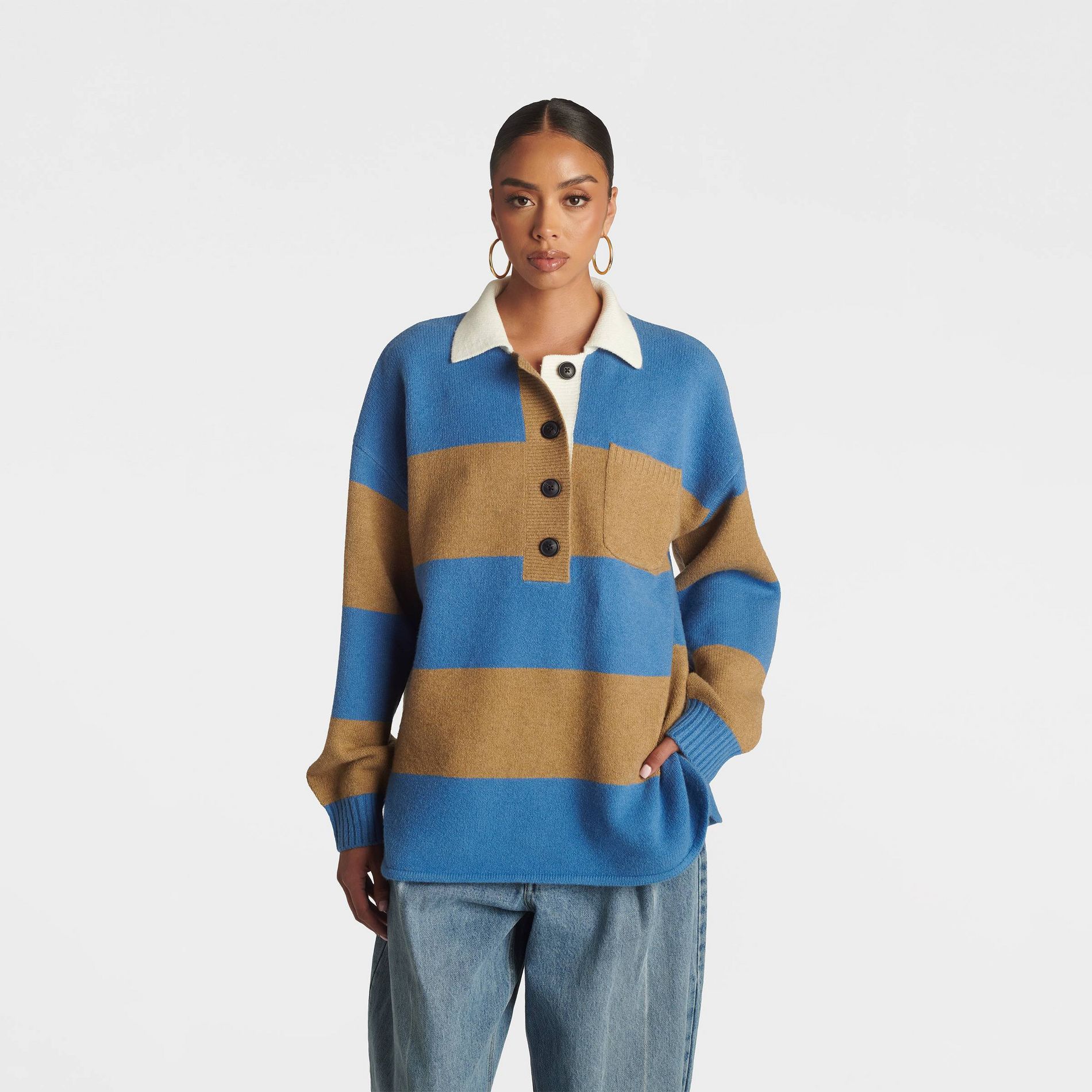 KBB by KAHLANA Women's Long Sleeve 'The Crys Rugby Shirt' - Blue/Camel Striped
