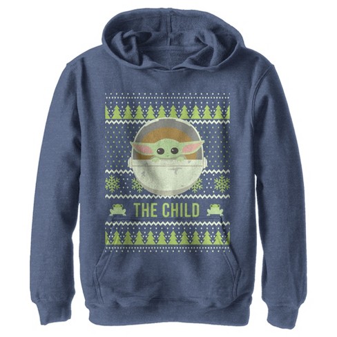 Boy s Star Wars The Mandalorian The Child Ugly Christmas Frog Pull Over Hoodie Navy Blue Heather Medium Target