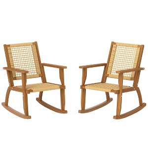 Outdoor Lawn Rocking Chair Set of 2, Acacia Wood Patio Rocking Chairs with Wicker Back and Seat for Garden - 1 of 4