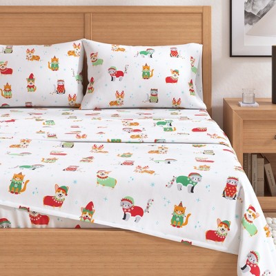 Queen Size Dog Cat Christmas Cotton Flannel Sheet Set