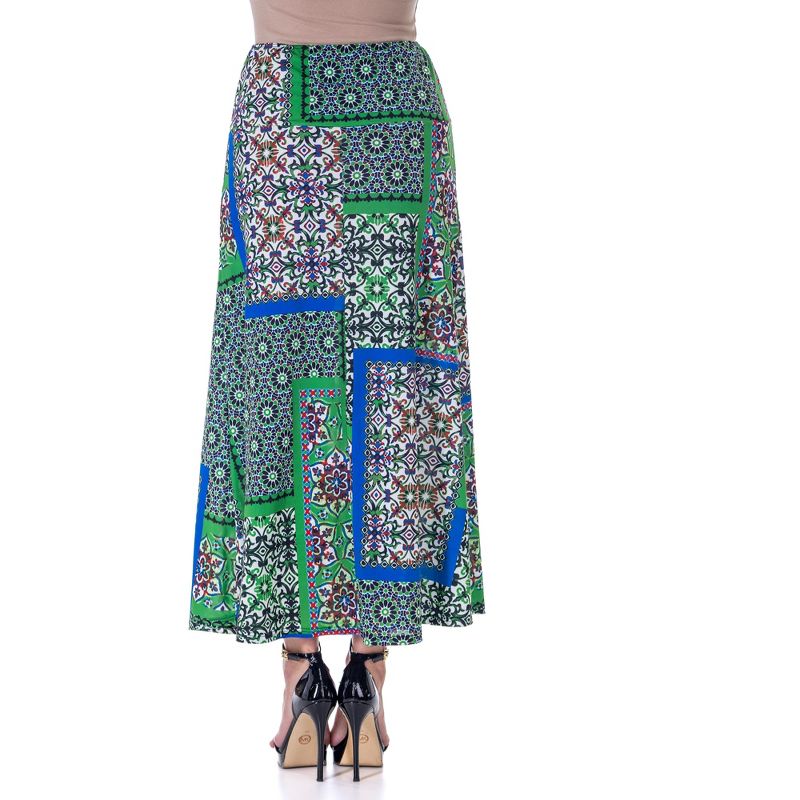 24seven Comfort Apparel Green Scarf Print Elastic Waist Ankle Length Comfortable Maxi Skirt, 3 of 9