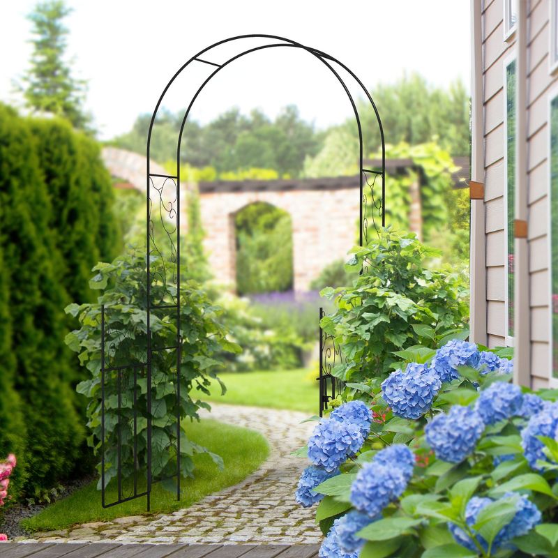 Outsunny 89.25" Metal Garden Arch with Gate, Garden Arbor Trellis for Climbing Plants, Roses, Vines, Wedding Arch, Black, 3 of 7