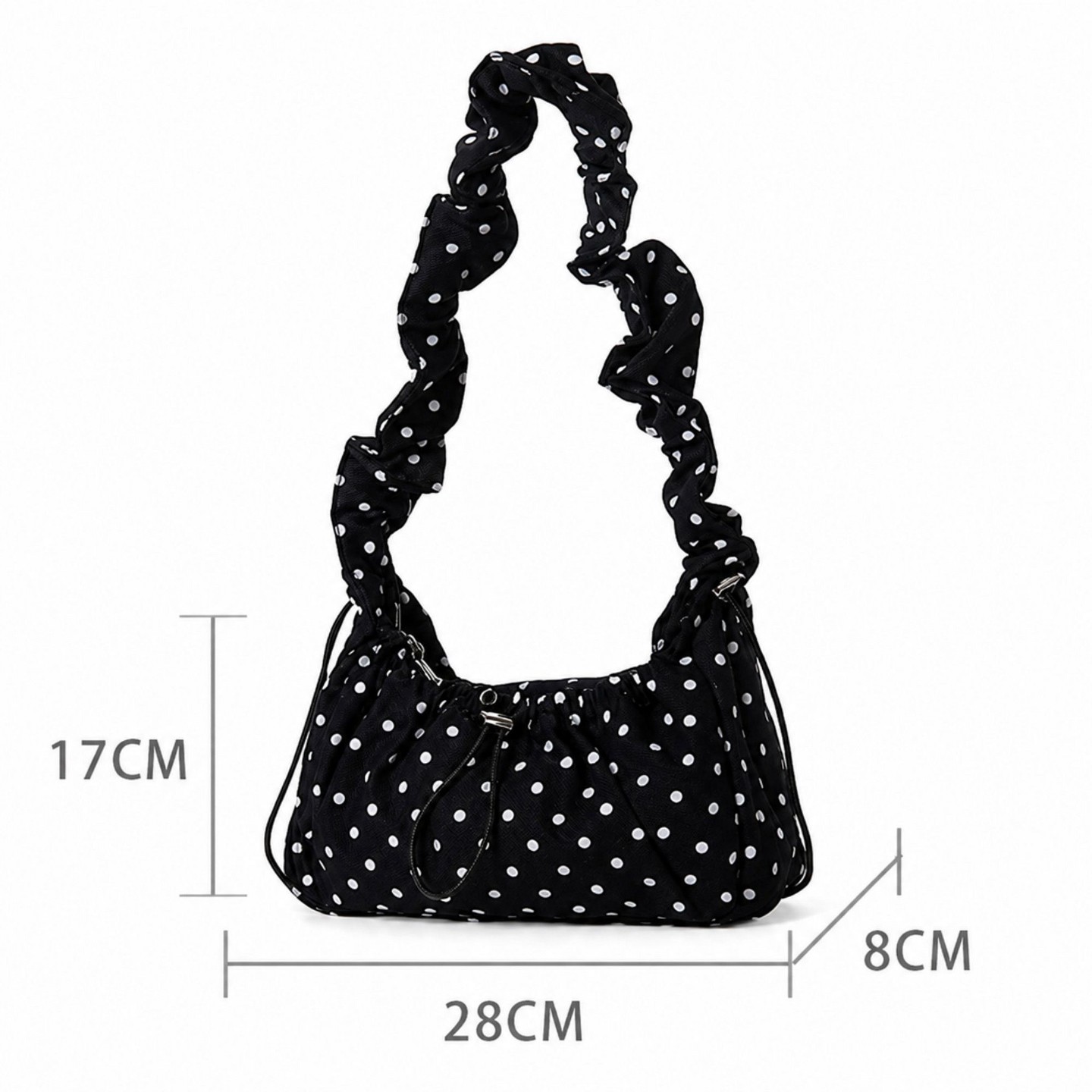 Женская сумка Alilang Polka Dot Cloud Shoulder Ruched Drawstring Underarm Purse Sweet Ruffled Hobo Handbag - Black, цвет: Чёрный — фото 3