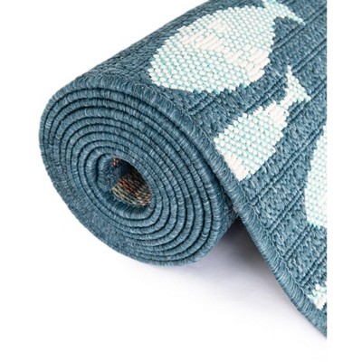Blue Coastal Fish Pattern Rectangular Outdoor Rug, 4' x 6'