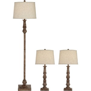 Regency Hill Dunn Rustic Traditional Table and Floor Lamp Set Brown Faux Wood Finish Beige Shade Living Room Bedroom Bedside Nightstand House Office - 1 of 1