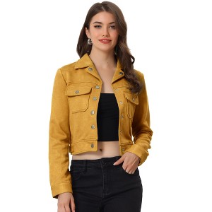 INSPIRE CHIC Women's Casual Faux Suede Notched Collar Button Up Cropped Jacket with Pockets - 1 of 4