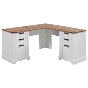 L Shaped Desk with Drawers, 60in Wide Farmhouse Executive Office Desk with Charging Station, Home Corner Desk with File Drawer - 1 of 4