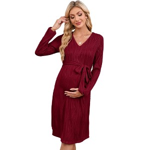 Clearlove 2025 Fall Rib Knit Maternity Nursing Dress Knot Side Long Sleeve V Neck Bodycon Wrap Pregnancy Dresses - 1 of 4