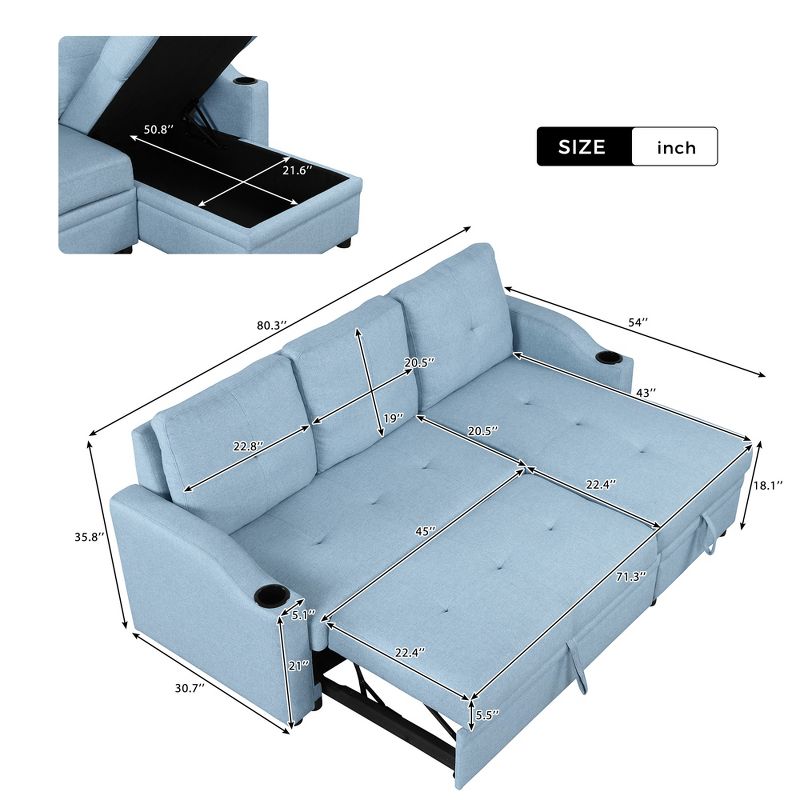 80.3" Modern Pull Out Convertible Sleeper Sofa Bed, Upholstered 3 Seater Couch with Storage Chaise and Cup Holder-ModernLuxe, 3 of 14