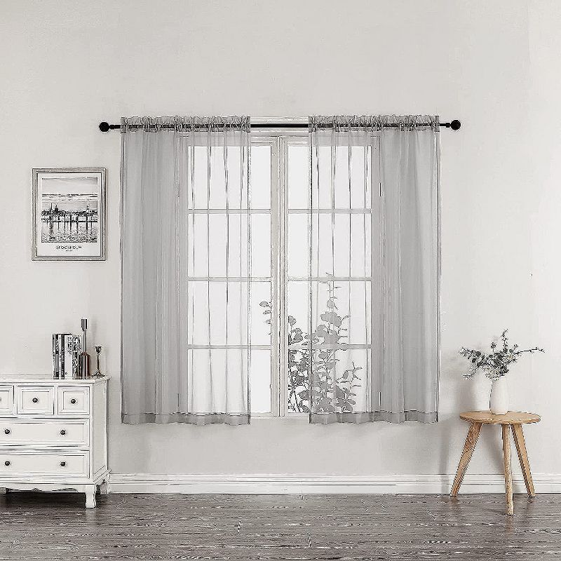 Kate Aurora Simplistic Living 2 Piece Lightweight Rod Pocket Gray Sheer Curtains For Small Windows - 63 in. Long, 1 of 4
