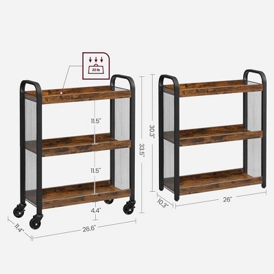 Rustic Brown and Black 3-Tier Rolling Kitchen Cart with Storage