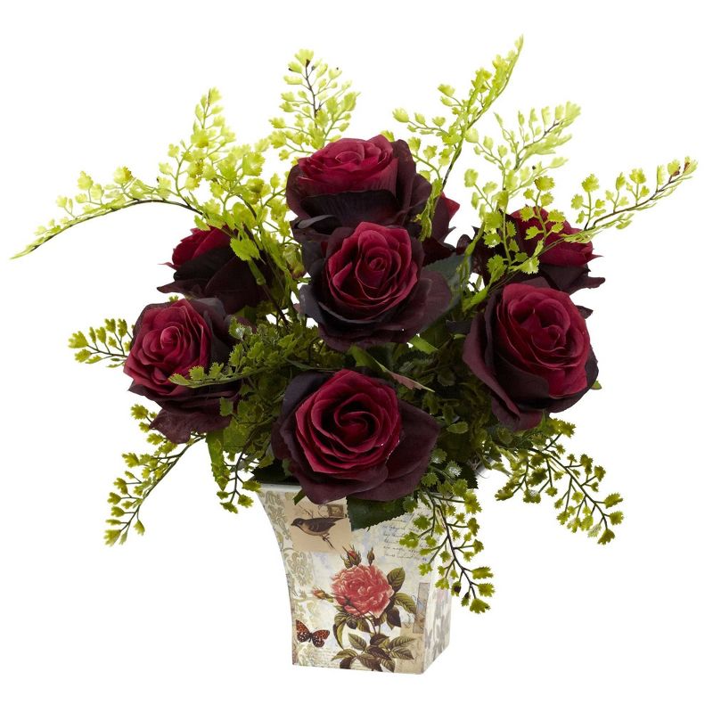 Nearly Natural 13-in Rose & Maiden Hair with Floral Planter, 1 of 9