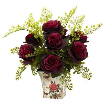 Nearly Natural 13-in Rose & Maiden Hair with Floral Planter