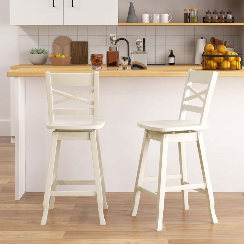 Costway 2 PCS 24"/30" Counter/Bar Height Stool Rubber Wood Swivel Bar Stool with Inclined Backrest White, 2 of 9