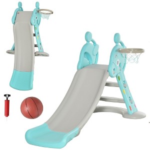 Whisen 2 in 1 Kids Slide with Basketball Hoop, Foldable Toddler Freestanding Slider Playset, Gift for Kids - Blue - 1 of 4