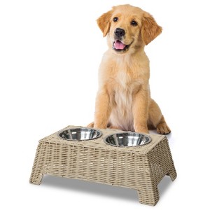 THE LICKER STORE Serenity 6.9" Small/Medium Elevated Wicker Pet Feeder w/ 18oz (2.2 Cups) 2-Stainless Steel Bowls - 1 of 4