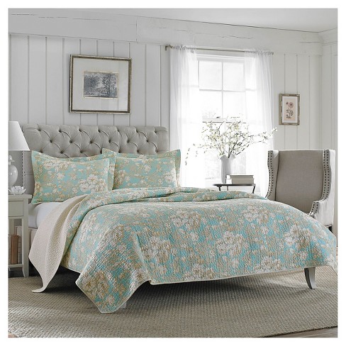 Laura Ashley Brompton Quilt And Sham Set Serene Blue/beige : Target