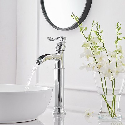 Polished Chrome Tall Waterfall Vessel Sink Faucet with Lever Handle