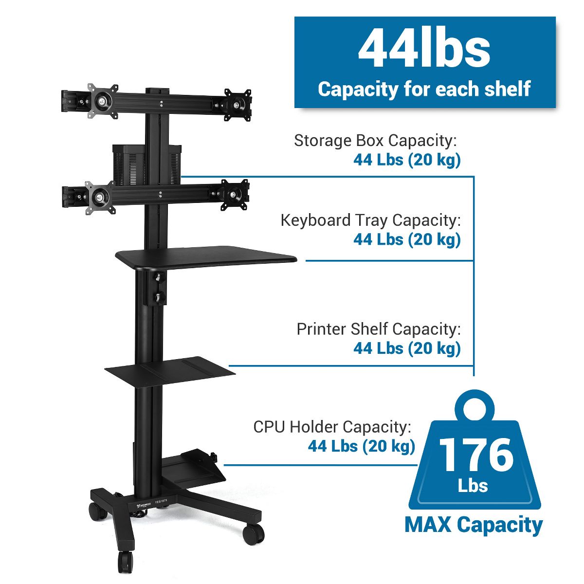 Yescom NexusX Commander Rolling Computer Cart 4-Monitors Industrial Heavy-Duty Mobile Workstation for Production Line Monitoring MES/HMI Control Shop - thumbnail 2