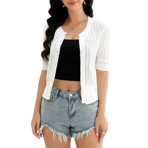 Cardigan for Women Lightweight Summer Sweaters Crew Neck Short Sleeve Cropped Bolero Shrugs Dressy Shirt Top - 1 of 4