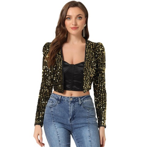 INSPIRE CHIC Women's Sequin Long Sleeve Open Front Party Cropped Jacket XX-Large Black Gold