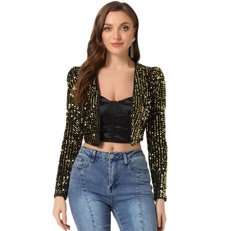 Allegra K Women's Sequin Long Sleeve Open Front Party Cropped Jacket, 1 of 6