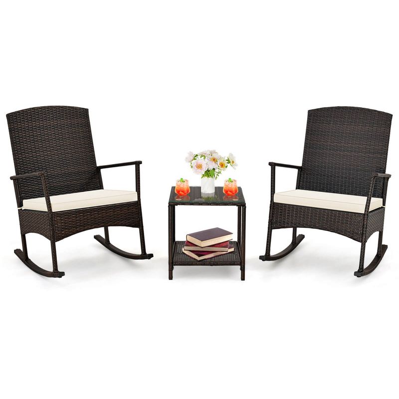 Costway 3 Piece Patio Rocking Set Wicker Rocking Chairs with 2-Tier Coffee Table Turquoise/Off White, 5 of 10