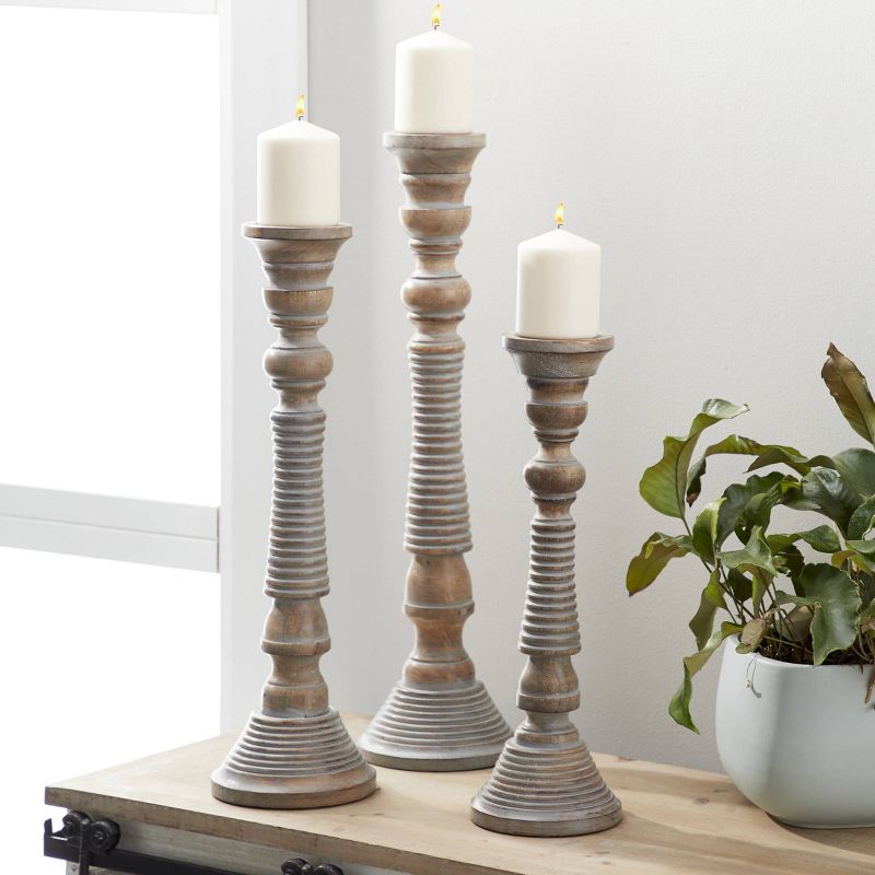 Set of 3 Traditional Style Turned Column Wood Candle Holders Gray - Olivia &#38; May, 3 of 8